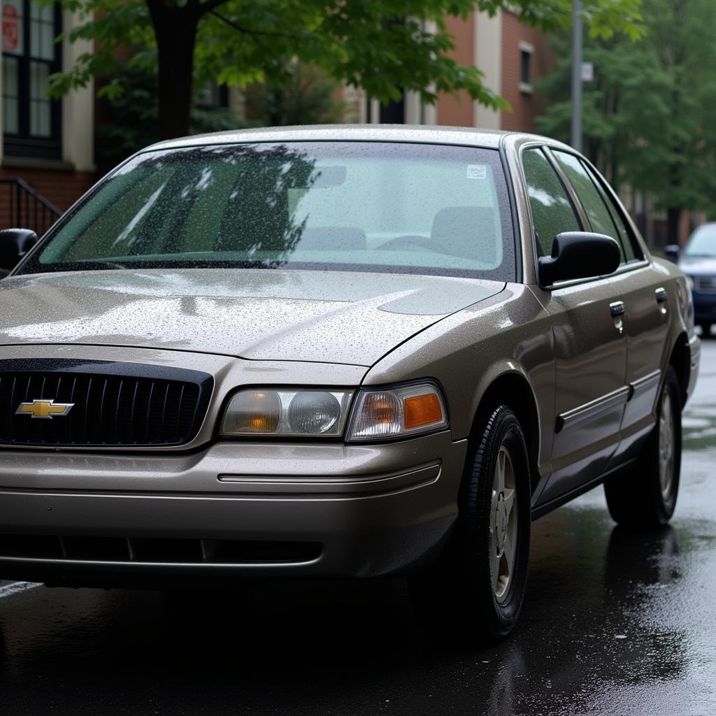 Chevy parked with closed windows after a rain shower