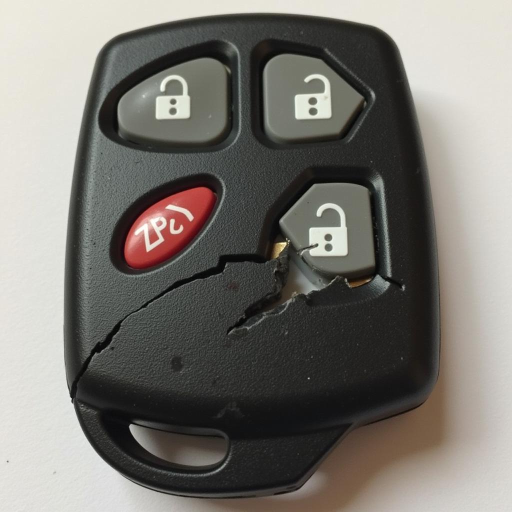 A damaged Nissan Pathfinder key fob showing signs of water damage and physical impact