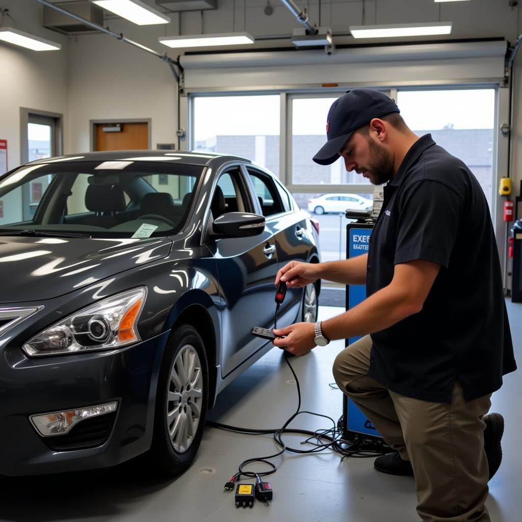 A technician at a Nissan dealership uses specialized equipment to program a key fob for a 2013 Altima.