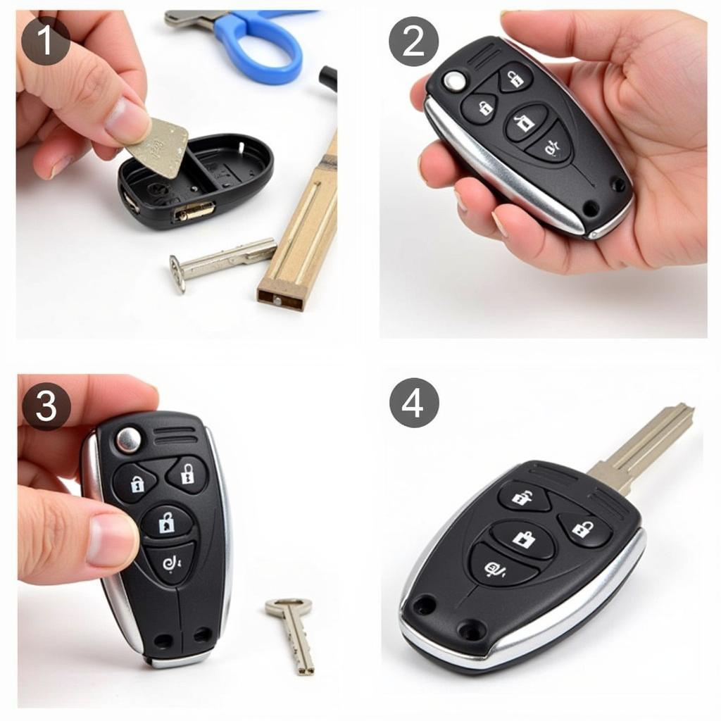 Replacing a 2014 Toyota Sienna key fob with a new one.  The image should depict the process of inserting a new battery into the key fob or holding a new key fob next to the car.