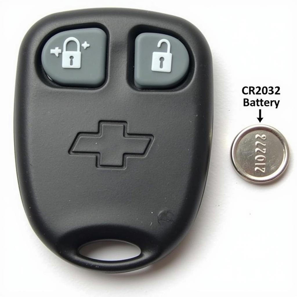 1998 Chevrolet Blazer key fob with a CR2032 battery placed next to it for comparison.