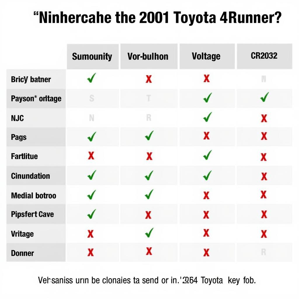 2001 Toyota 4Runner Key Fob Battery Types and Sizes - Comparison Chart