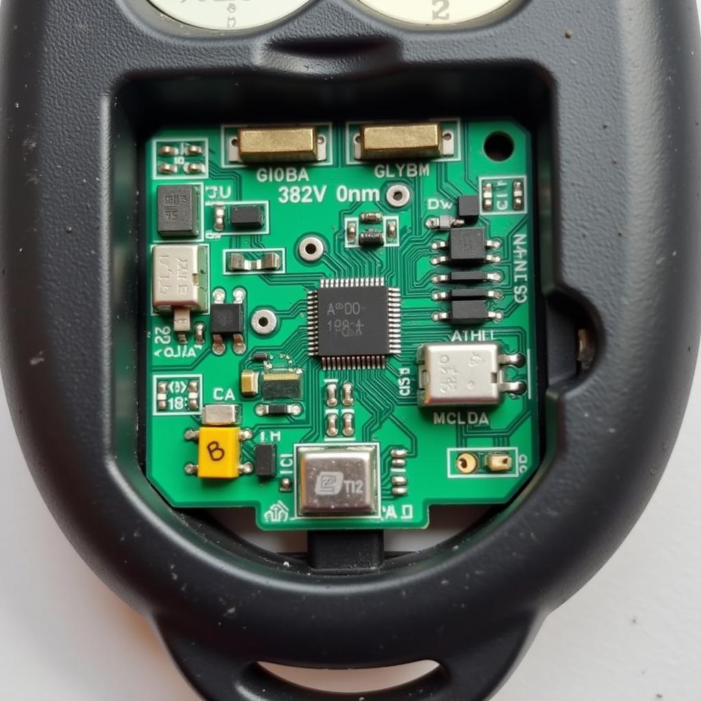 2002 Chevy Tahoe key fob circuit board showing components and battery.