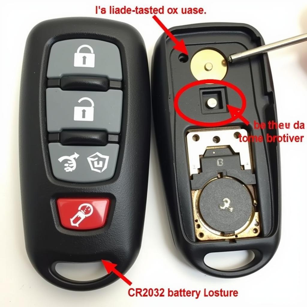 2005 Dodge Dakota key fob opened showing the battery location and type.