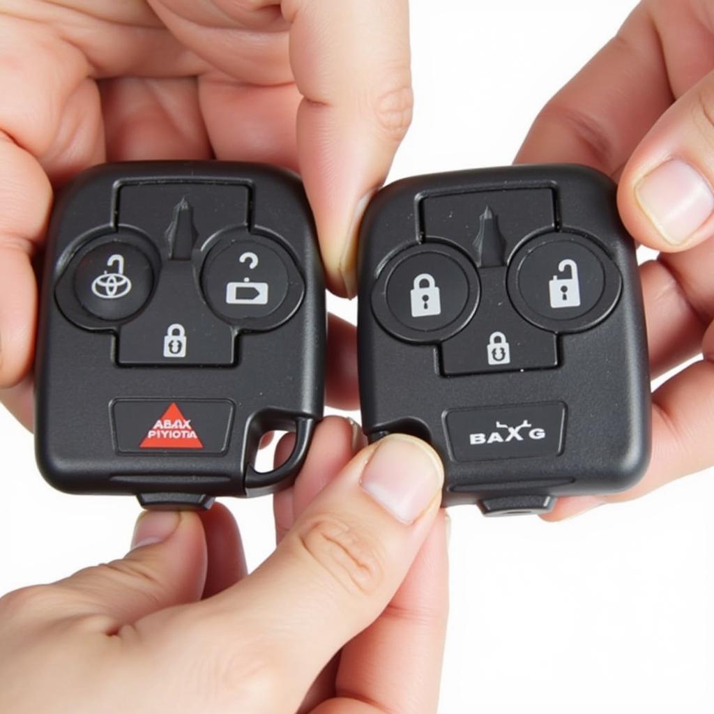 Reassembling the 2005 Toyota Tundra Key Fob - Showing the proper alignment of the key fob casing halves.