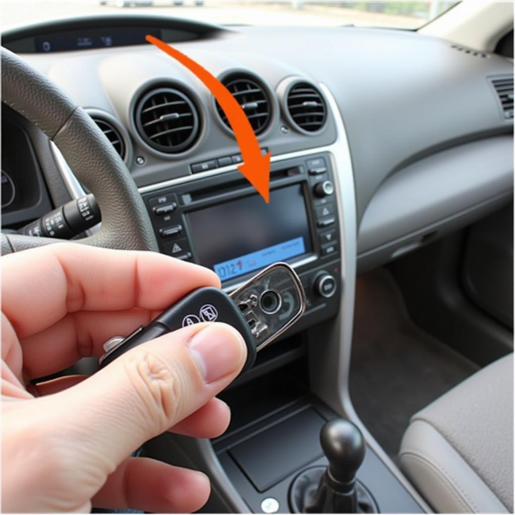 2006 Toyota Camry key fob programming process - A person inserting the key into the ignition.