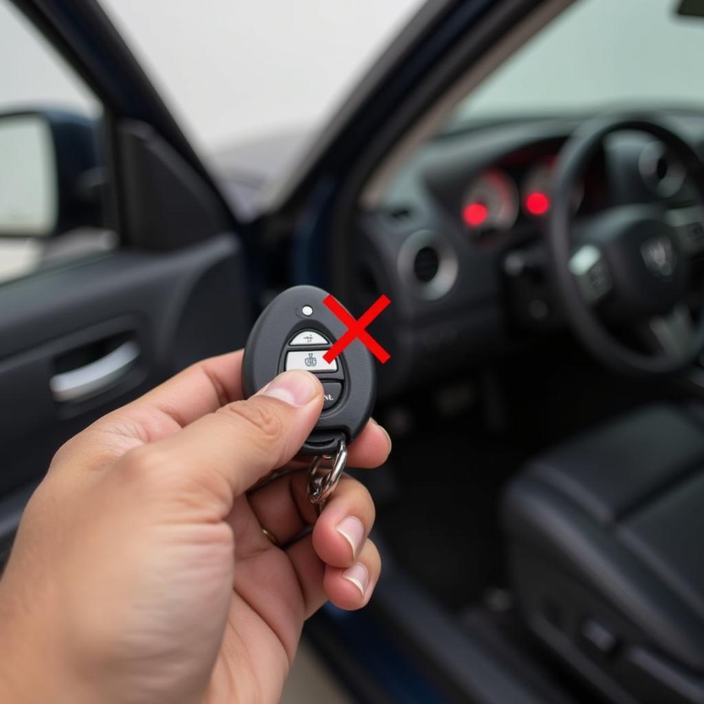 2007 Dodge Nitro key fob experiencing reduced range, indicating a weak battery.