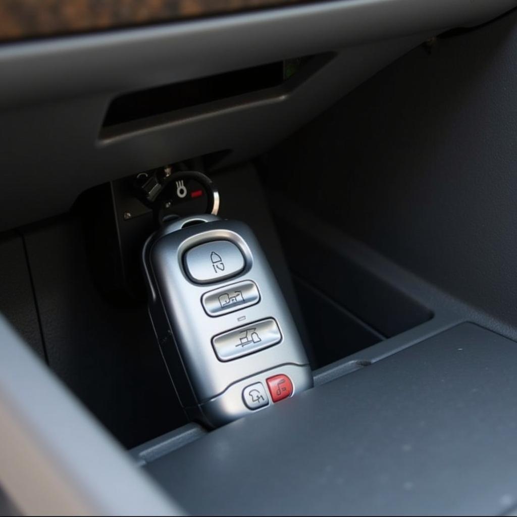 2007 Toyota Avalon Key Fob Stuck in Console: A close-up view of a key fob lodged in the center console of a 2007 Toyota Avalon.