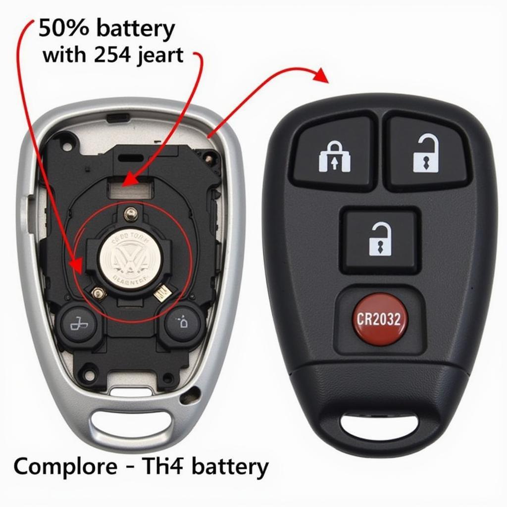 2009 Jetta Key Fob Battery Location:  A close-up view of the inside of a 2009 Jetta key fob with the CR2032 battery highlighted.