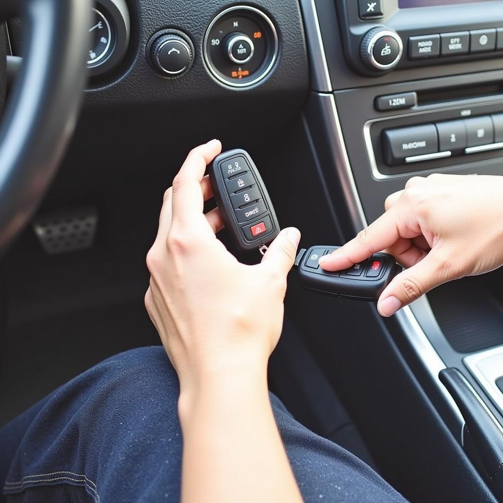 DIY 2009 Pontiac Montana Key Fob Programming:  A person following the steps for programming a key fob using the car's ignition and door locks.