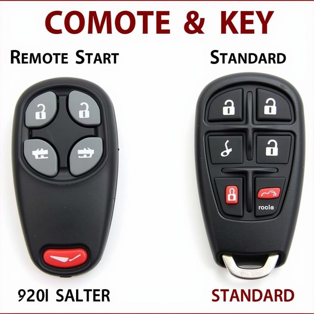 2009 Pontiac Montana Key Fob Types: Identifying the correct key fob for your 2009 Pontiac Montana.  This image shows two key fobs, one with remote start and one without.