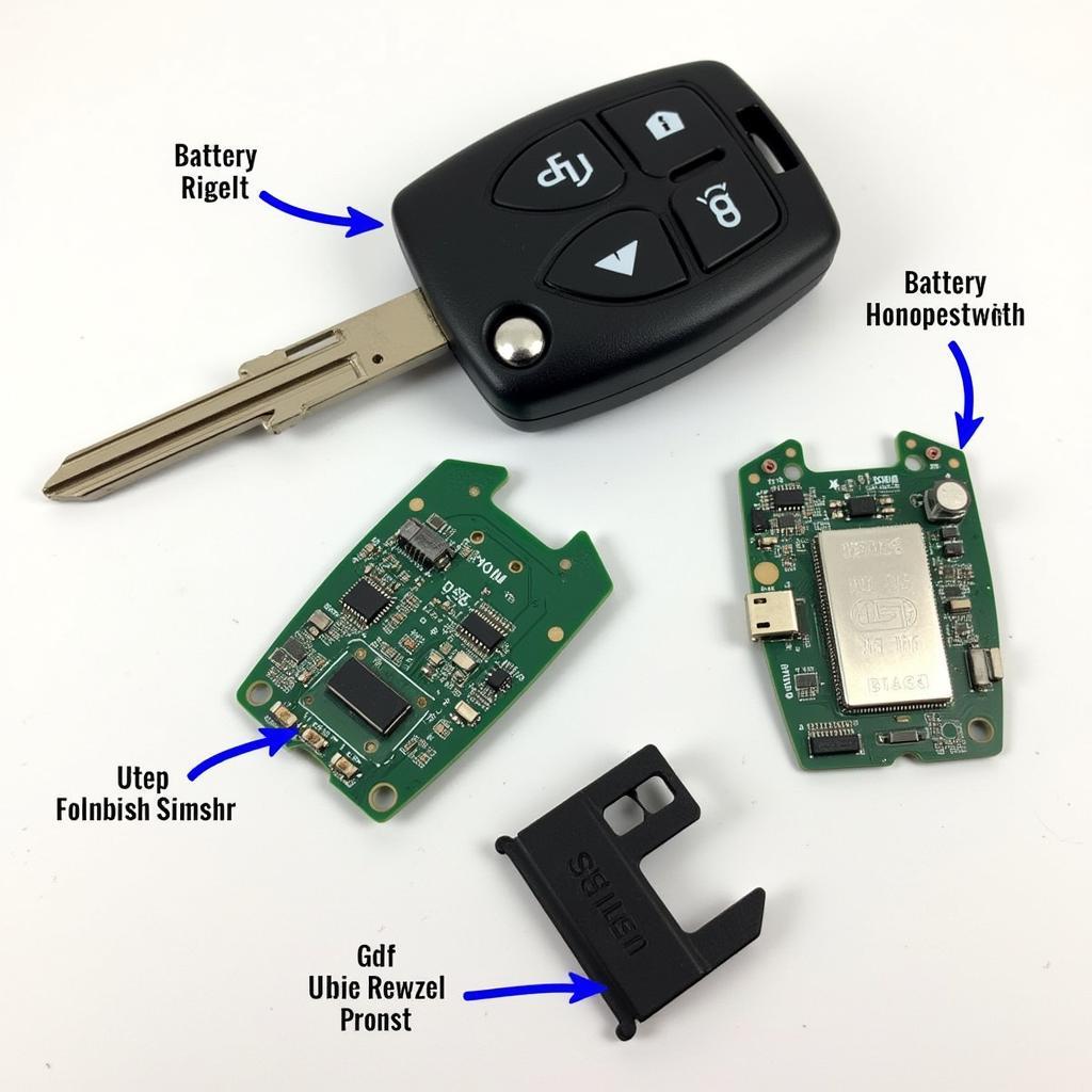 Internal Components of a 2011 GMC Terrain Key Fob: The circuit board, battery, and key blade are clearly visible.