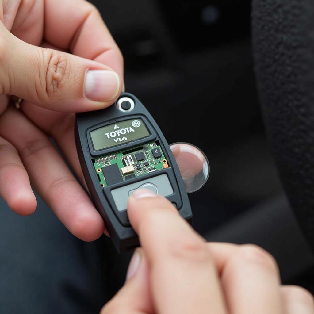 Troubleshooting a 2011 Toyota key fob, showing a person inspecting the internal components.