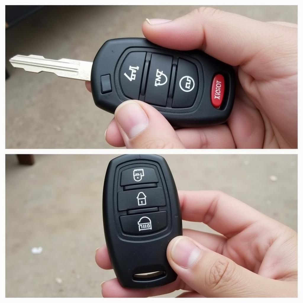 A 2012 Audi key fob fully assembled after battery replacement