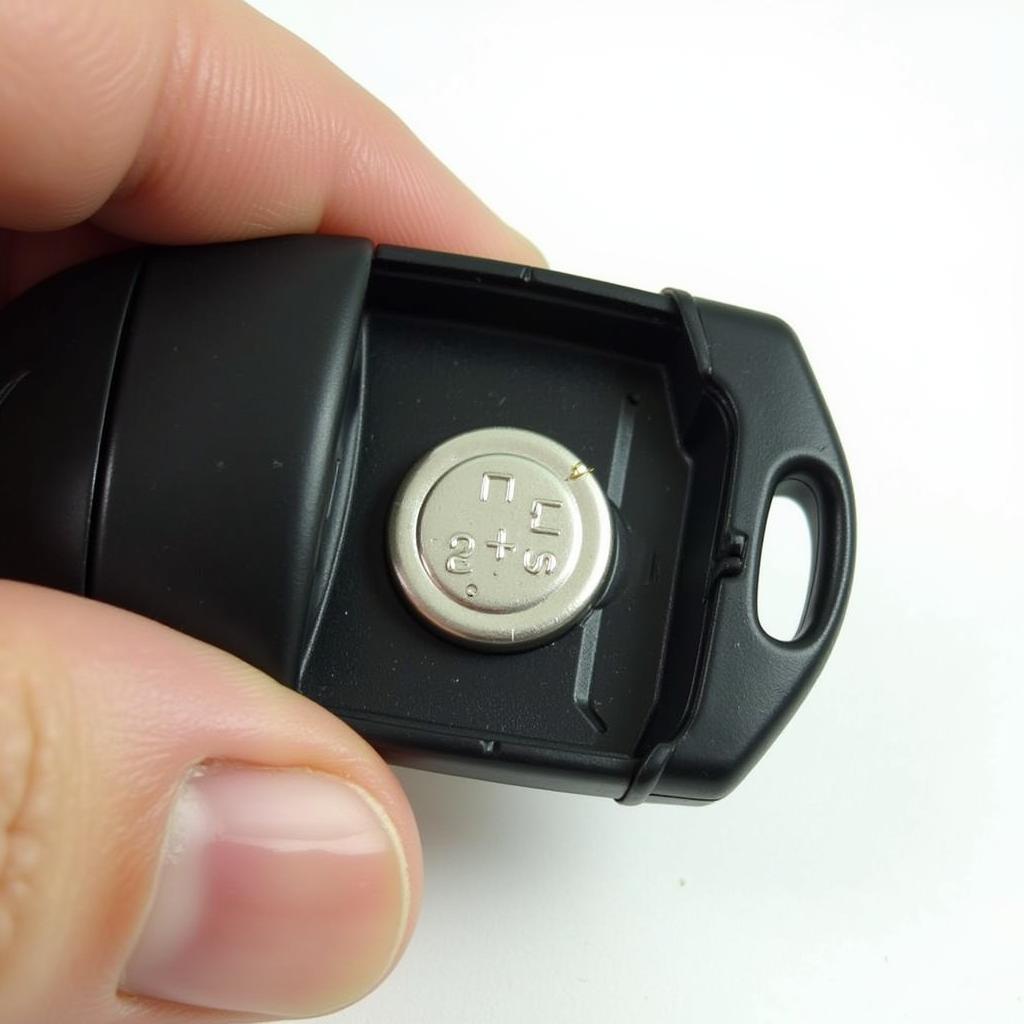 The correct orientation of a CR2032 battery inside a 2012 Dodge Panel key fob, with the positive (+) side facing upwards.