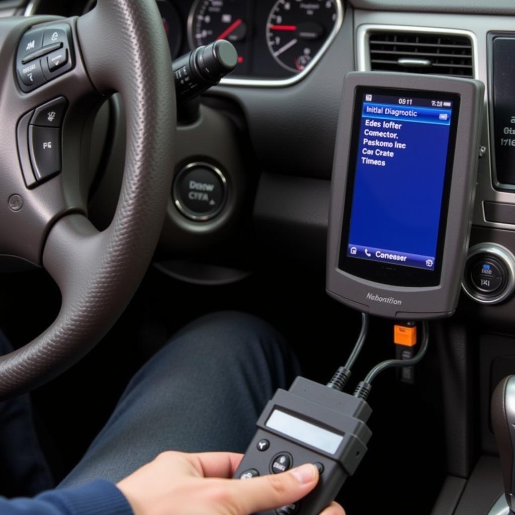 Connecting the OBD-II scanner to the 2012 Nissan Altima's OBD port for key fob programming.