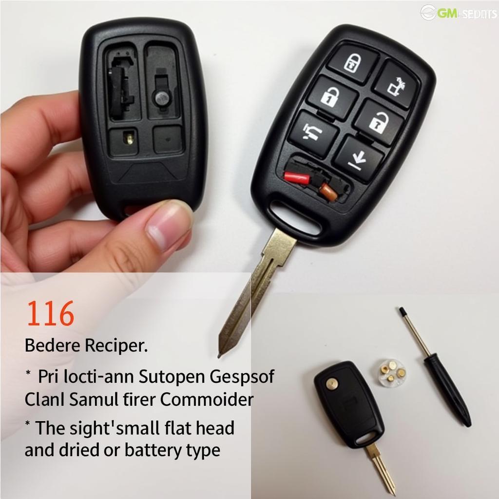 2013 Dodge Journey Key Fob Battery Location:  Close-up view of the key fob with the battery compartment opened, revealing the battery inside and the tools needed for replacement.