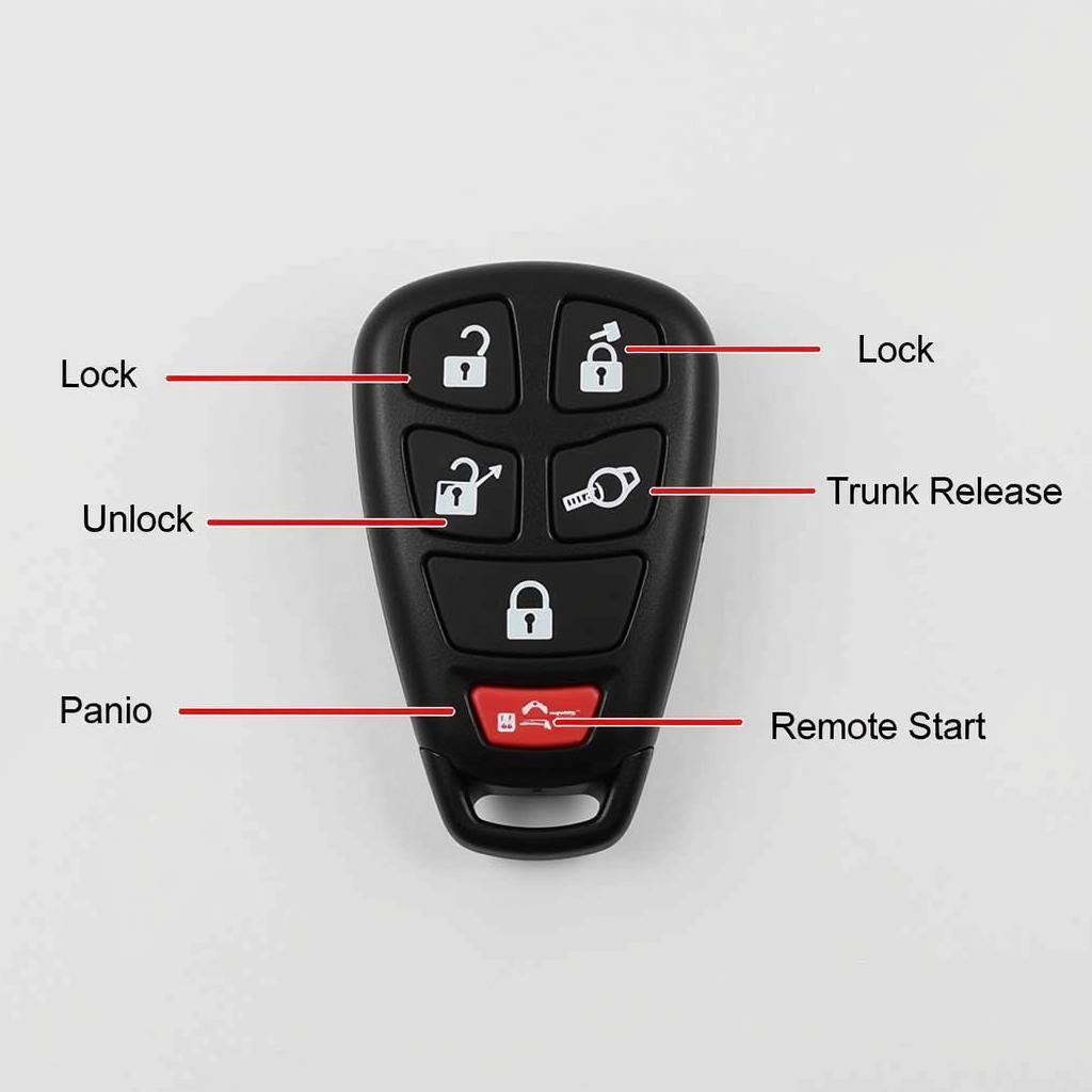 2013 Ford Fusion Key Fob Functions: A close-up view of a 2013 Ford Fusion key fob highlighting the lock, unlock, trunk release, panic button, and remote start button.