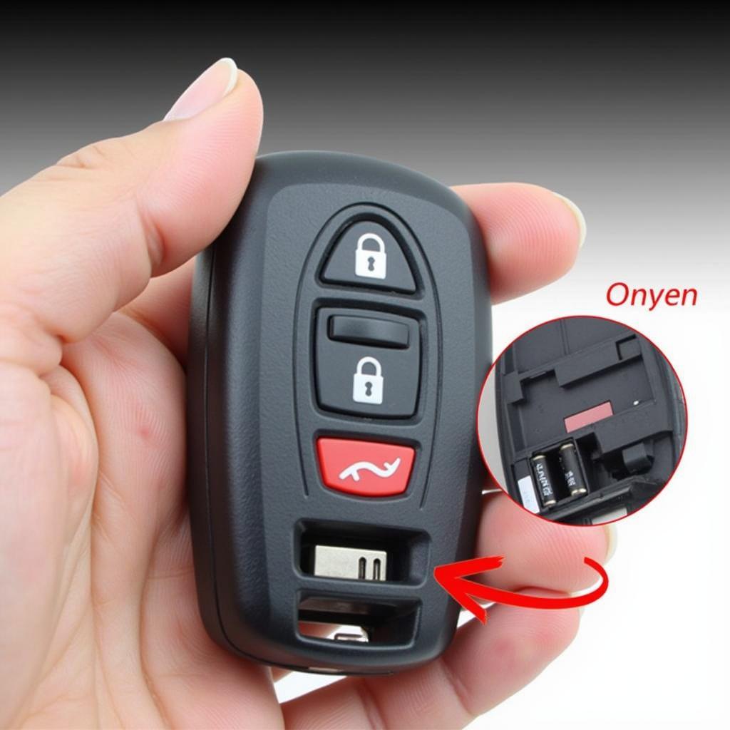 2013 Ford Taurus Limited Key Fob Battery Location:  Illustrative guide showing the location of the key fob battery compartment and release latch.