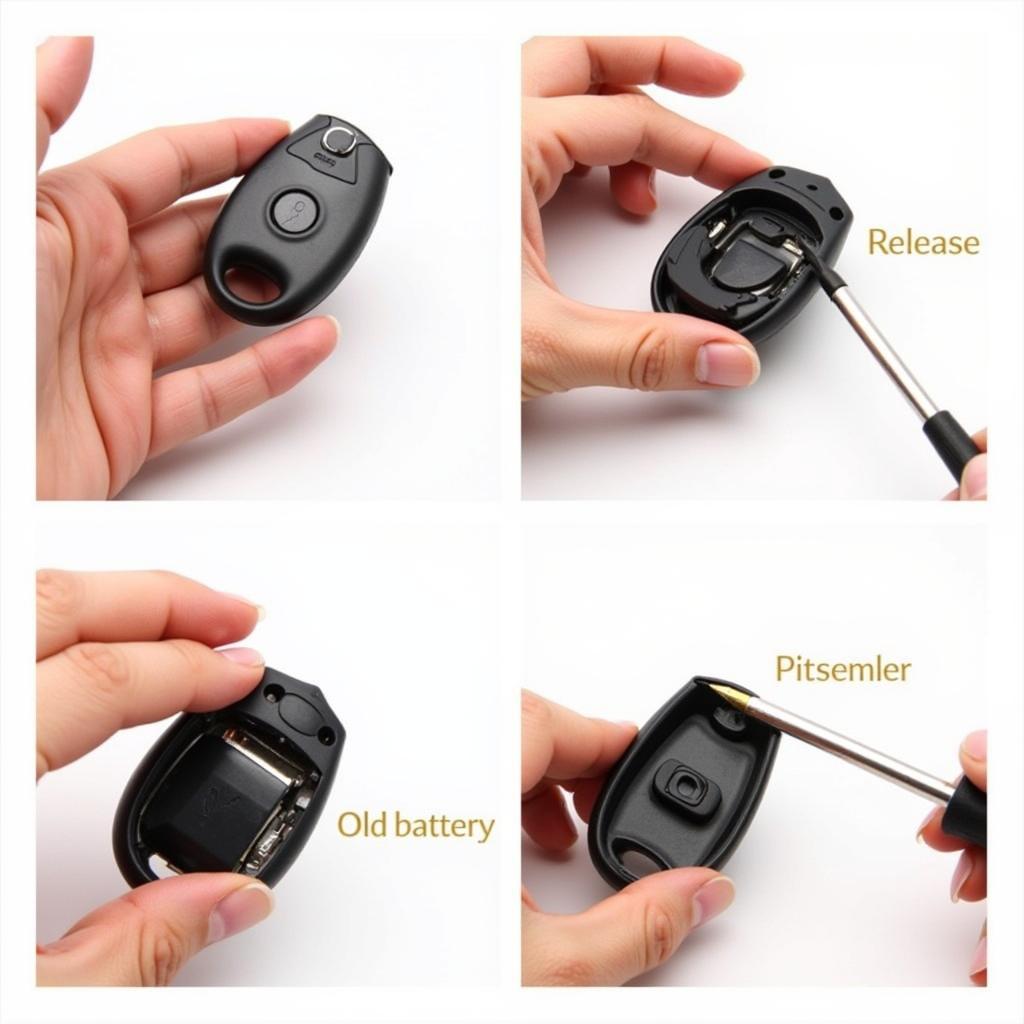 Step-by-step visual guide for 2013 Honda Fit key fob battery replacement, showing the process of opening the fob, removing the old battery, and installing the new one.