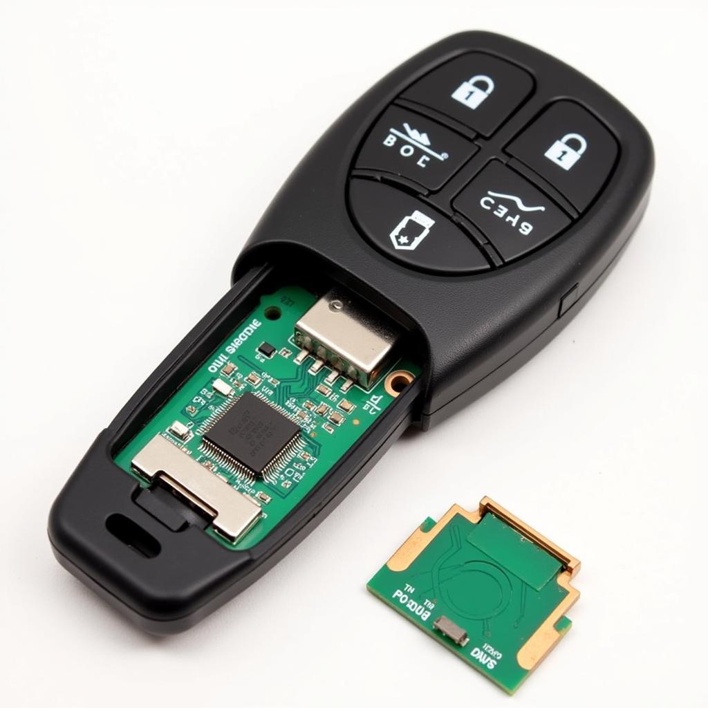 2013 Malibu Key Fob Internal Components: Circuit board, battery compartment, and key release button.