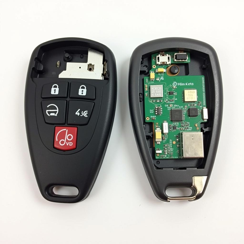 2014 Nissan Frontier key fob separated into two halves revealing the internal components including the battery and circuit board.