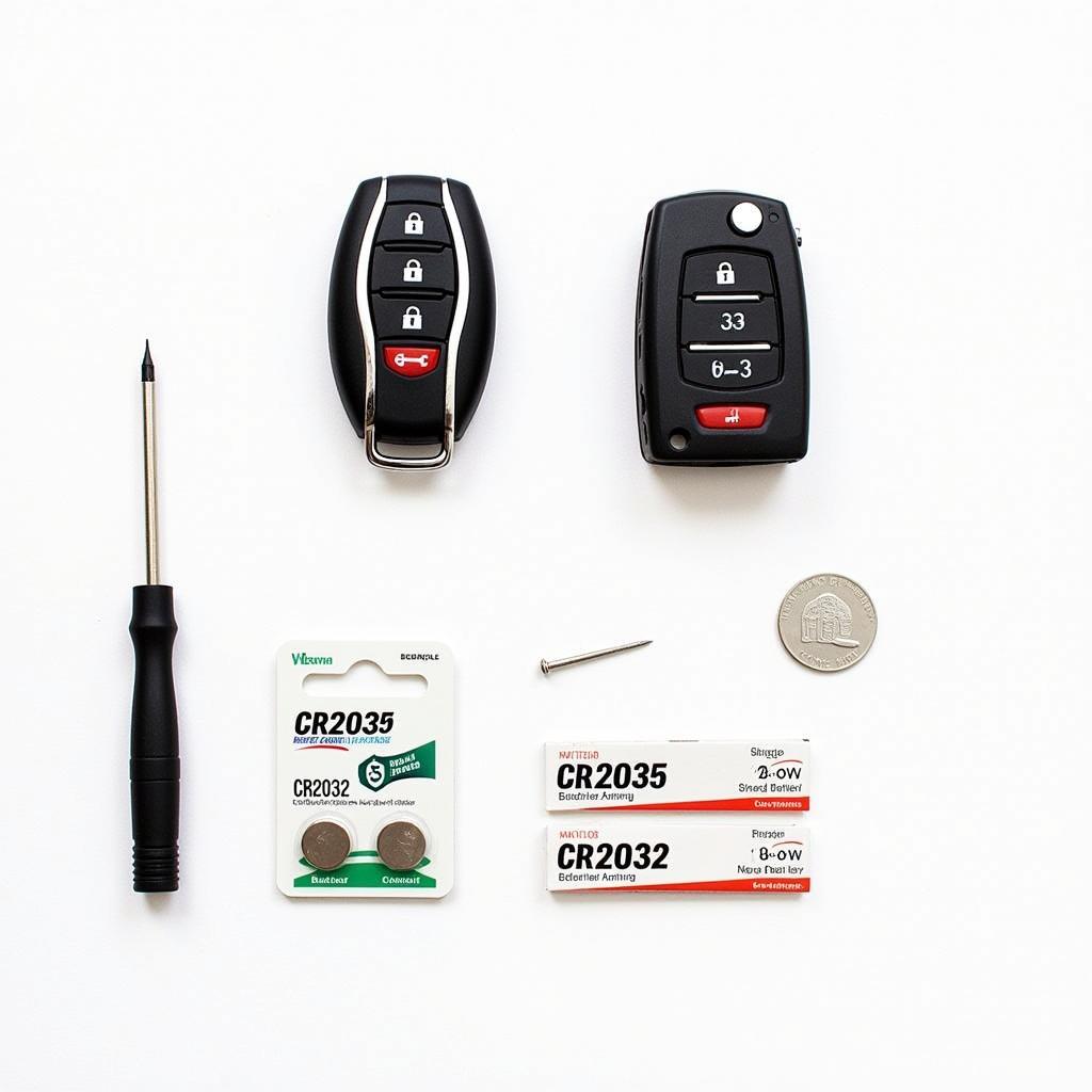 Different types of CR2032 batteries and tools needed for replacement