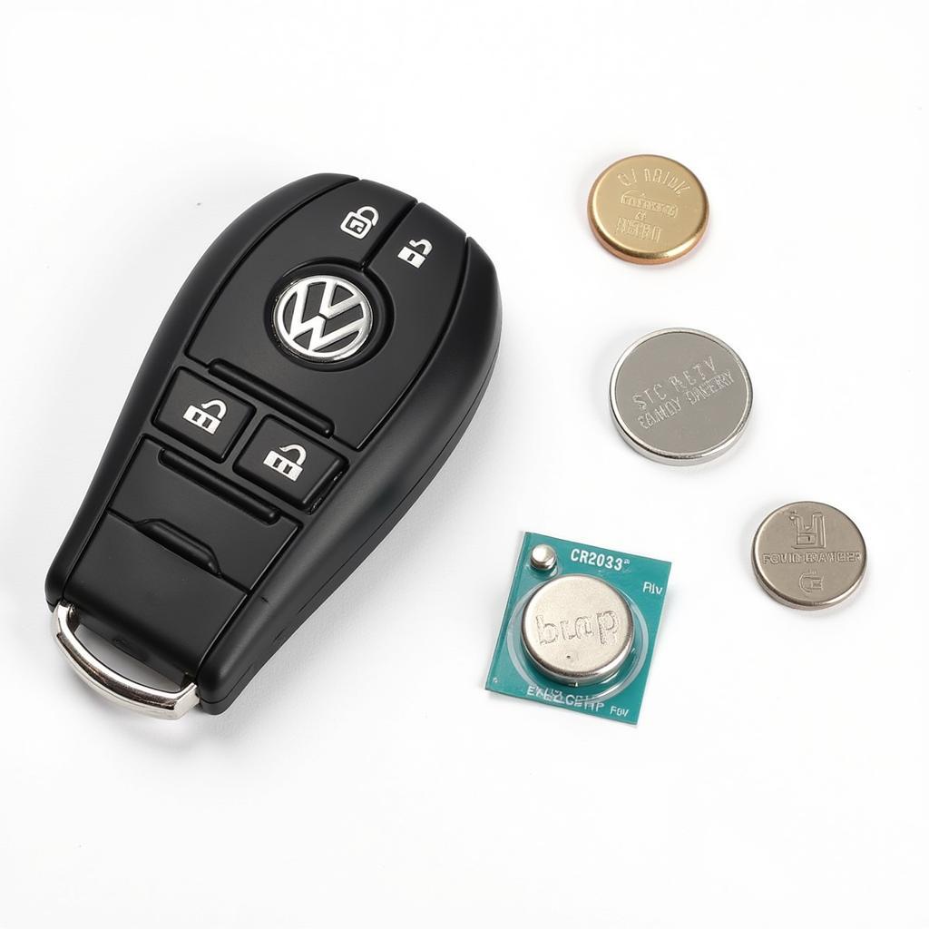 Different types of batteries next to a 2015 Jetta key fob illustrating the importance of using the correct CR2032 battery. 