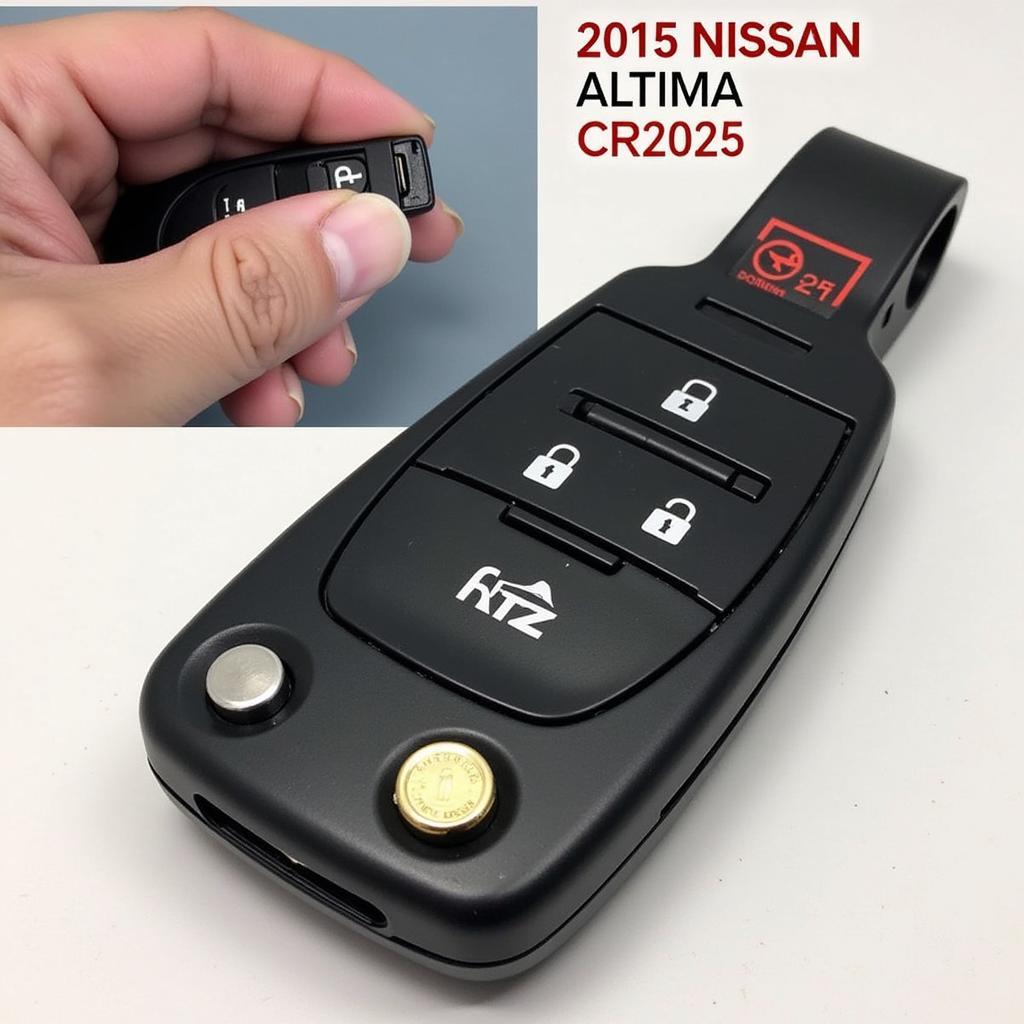 2015 Nissan Altima Key Fob Battery Location:  A detailed view of the key fob's internal components, highlighting the battery placement and type.