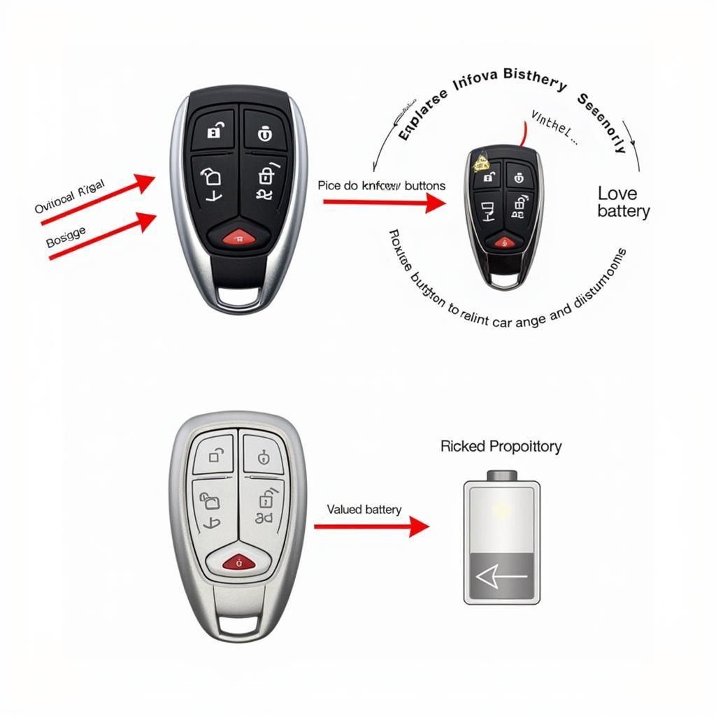 2015 Toyota Corolla Key Fob Low Battery Signs:  Close-up of key fob with highlighted buttons and a car key indicating weak signal range and unresponsive buttons.