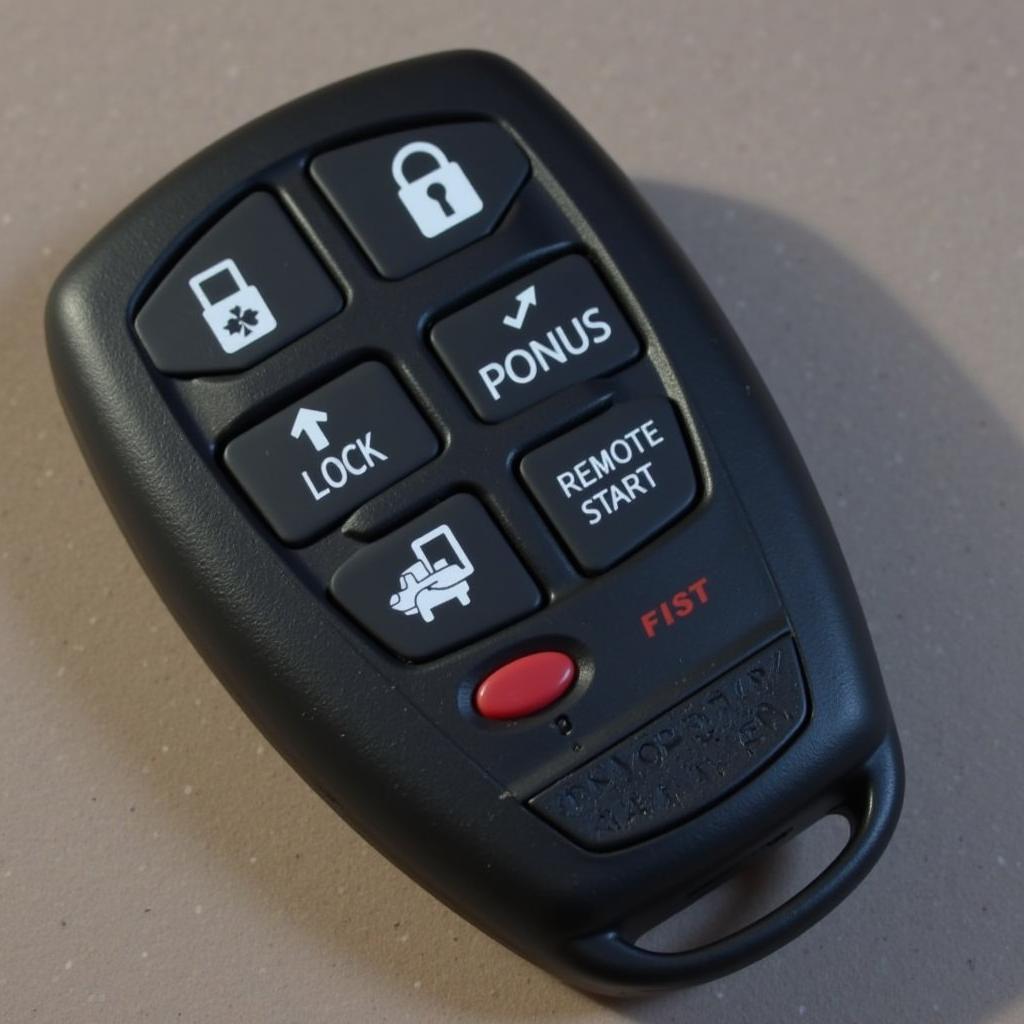 2016 Ford F150 Key Fob Features: Close-up view of a 2016 Ford F150 key fob highlighting the lock, unlock, panic, remote start, and tailgate release buttons.