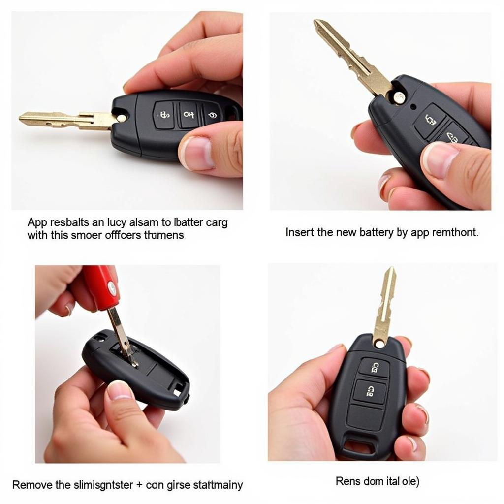 Step-by-step guide for replacing a 2016 Honda Odyssey key fob battery, showing each stage of the process from opening the fob to inserting the new battery.