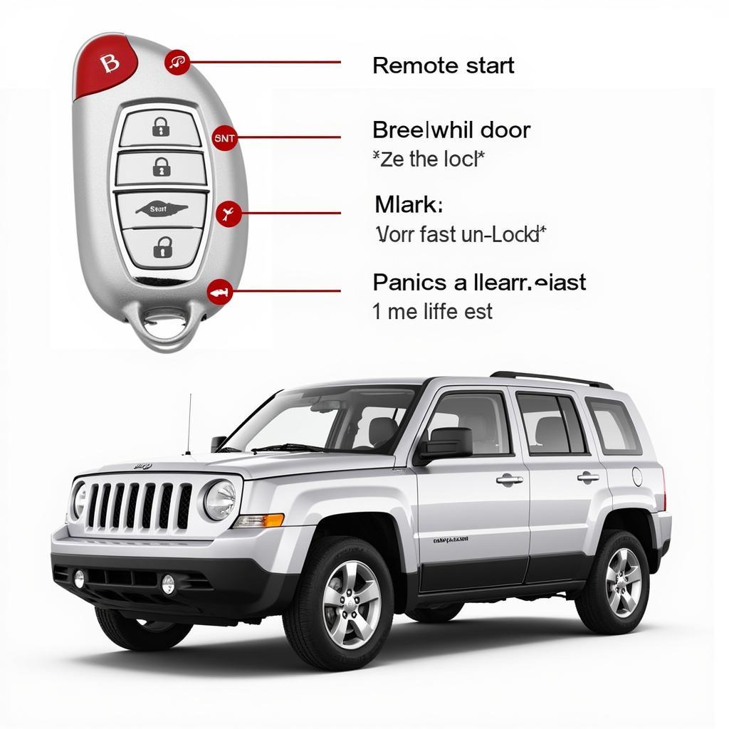 2016 Jeep Patriot Latitude Key Fob Functions: Remote start, lock/unlock, panic alarm, and keyless entry.