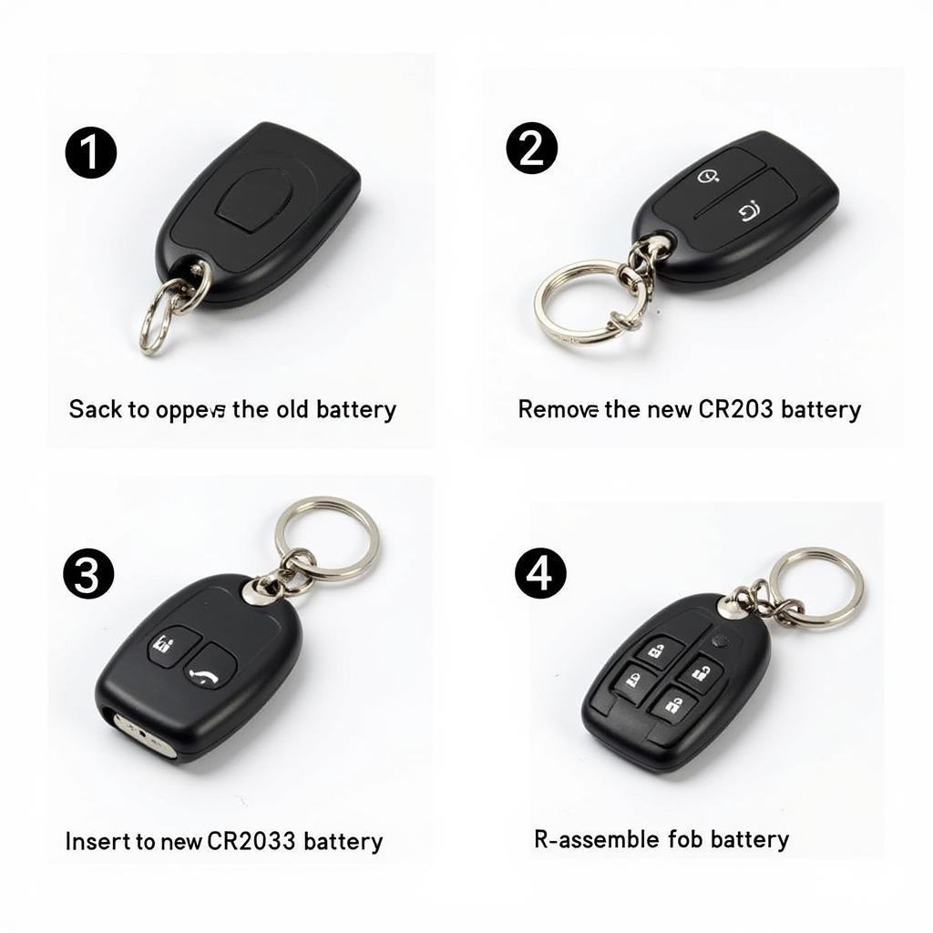 Step-by-step guide illustrating how to replace the battery in a 2017 Chevy Camaro key fob.