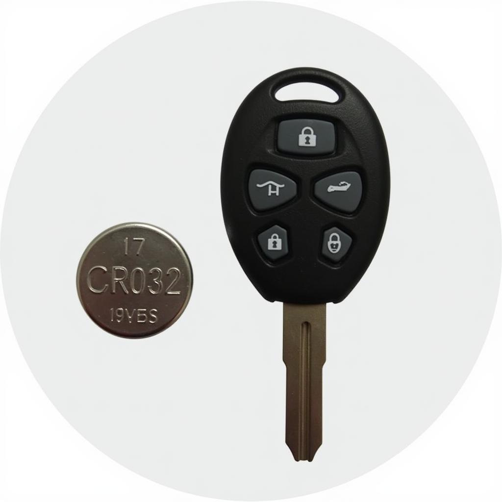 2017 Nissan Armada Key Fob Battery CR2032: A close-up view of a CR2032 battery next to a 2017 Nissan Armada key fob, highlighting the correct battery type required for the key fob.