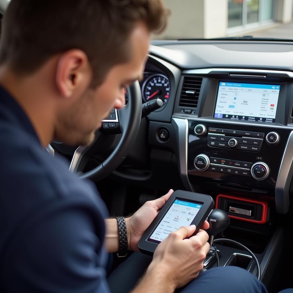 Professional Reprogramming of a 2017 Nissan Pathfinder Key Fob:  A locksmith using specialized diagnostic equipment to program a new key fob.