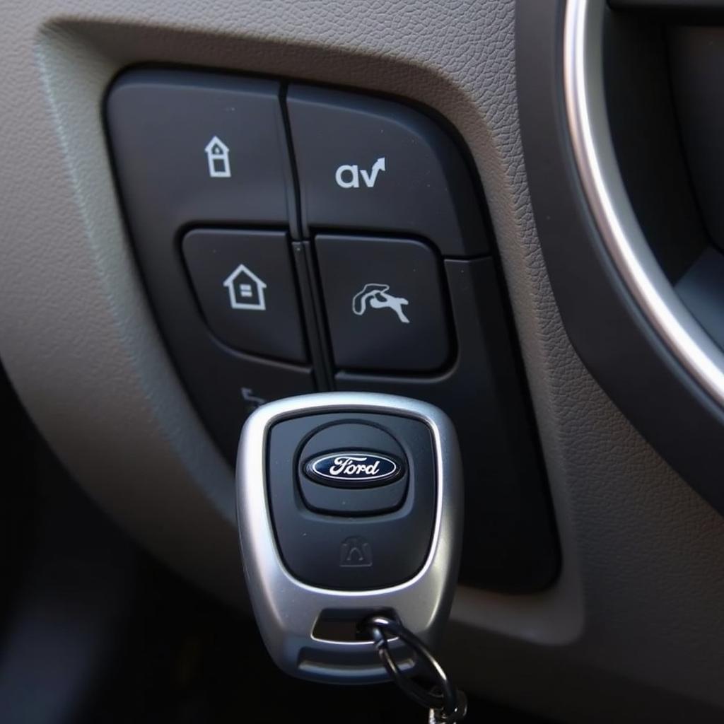 Close-up view of a 2018 Ford F350 key fob, highlighting its buttons and design.