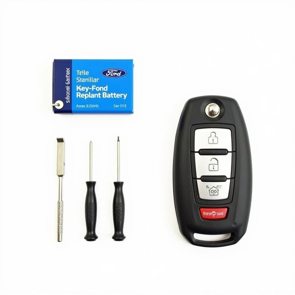 Maintaining a 2018 Ford Focus SEL Key Fob: Showing a new key fob battery and tools for replacing it.