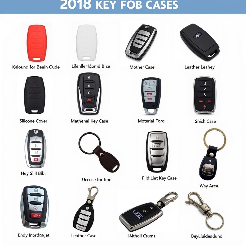 Different types of 2018 Ford key fob cases, including silicone, leather, and metal options.