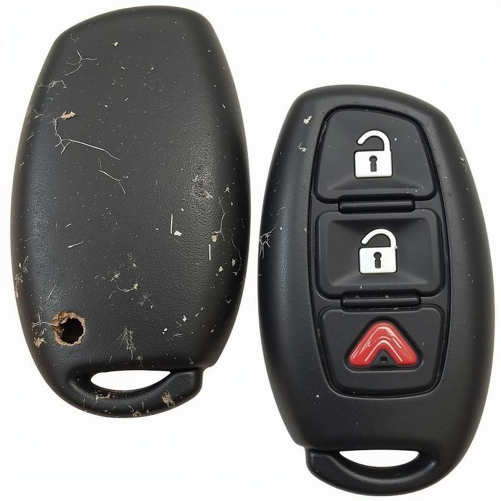 Worn-out 2018 Ford key fob case showing signs of wear and tear, scratches, and cracks.