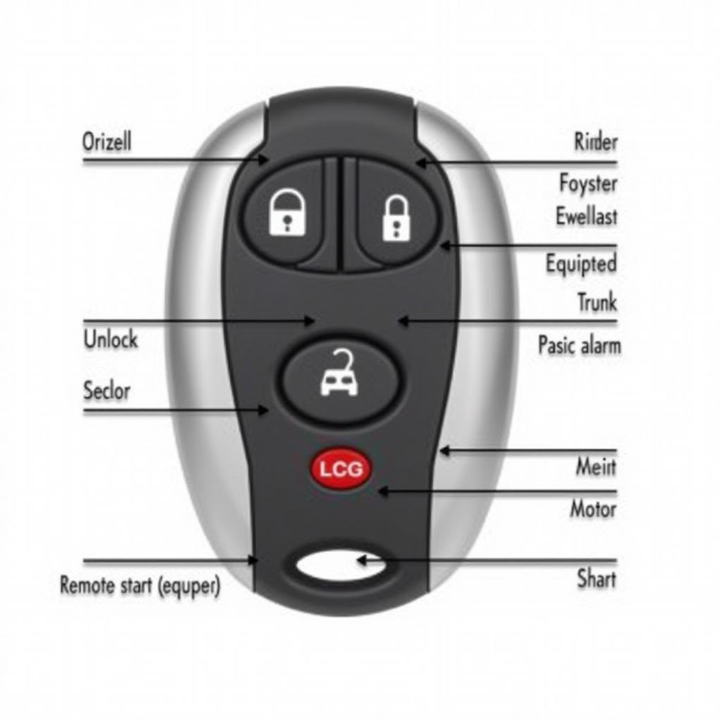 2018 Nissan Key Fob Features: Close-up view of a 2018 Nissan key fob highlighting its buttons for lock, unlock, trunk release, panic alarm, and remote start.