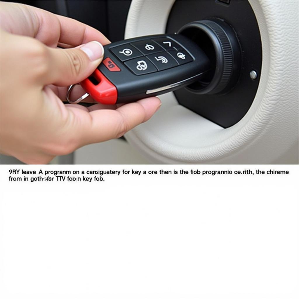 Programming a 2018 Nissan Key Fob: A close-up of a hand inserting a 2018 Nissan key fob into the ignition switch, demonstrating a step in the programming process.