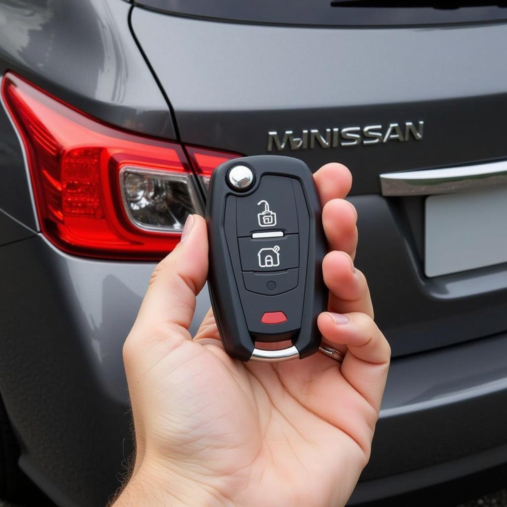 Troubleshooting a 2018 Nissan Key Fob: A person holding a 2018 Nissan key fob and attempting to unlock their car, illustrating the frustration of a malfunctioning key fob.