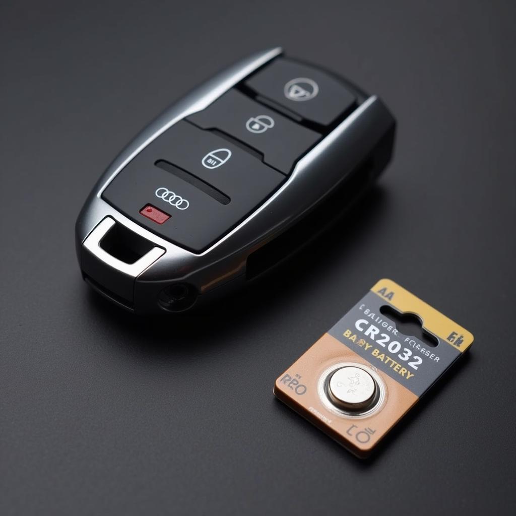 2019 Audi A7 key fob alongside a CR2032 battery, highlighting the required battery type for replacement.