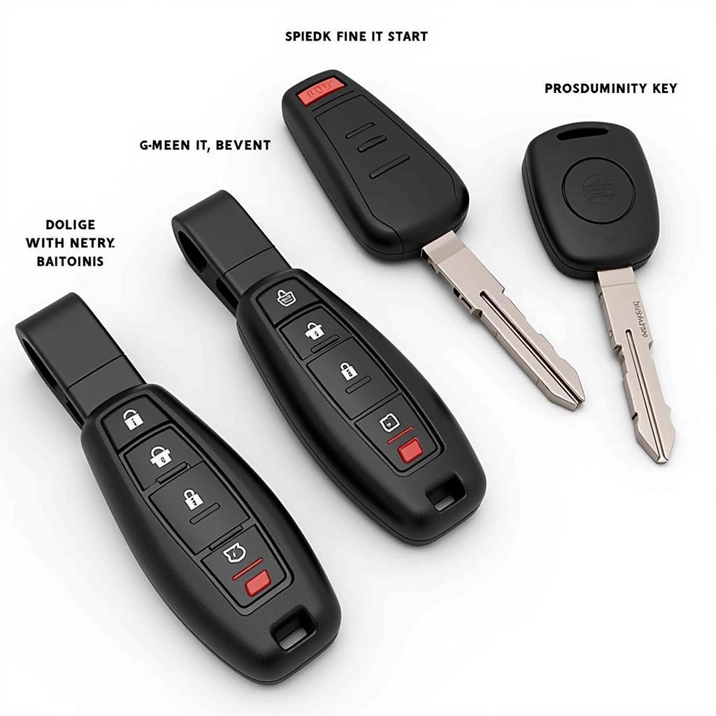 2019 Dodge Ram Key Fob Types:  A close-up of various 2019 Dodge Ram key fobs, highlighting the different button layouts and features available for different trim levels.