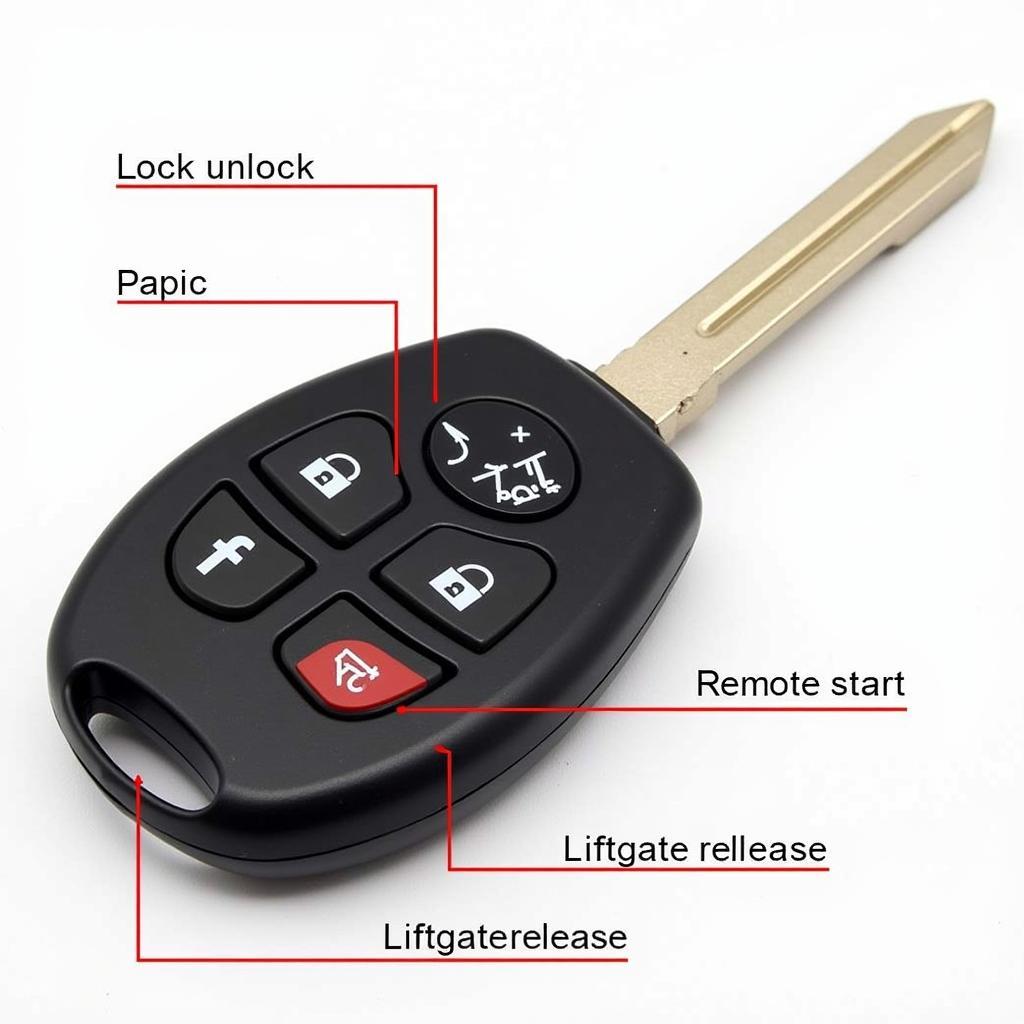 2019 Nissan Armada Key Fob Functions:  A detailed diagram highlighting the various buttons and their corresponding actions, including lock, unlock, panic, remote start, and liftgate release.