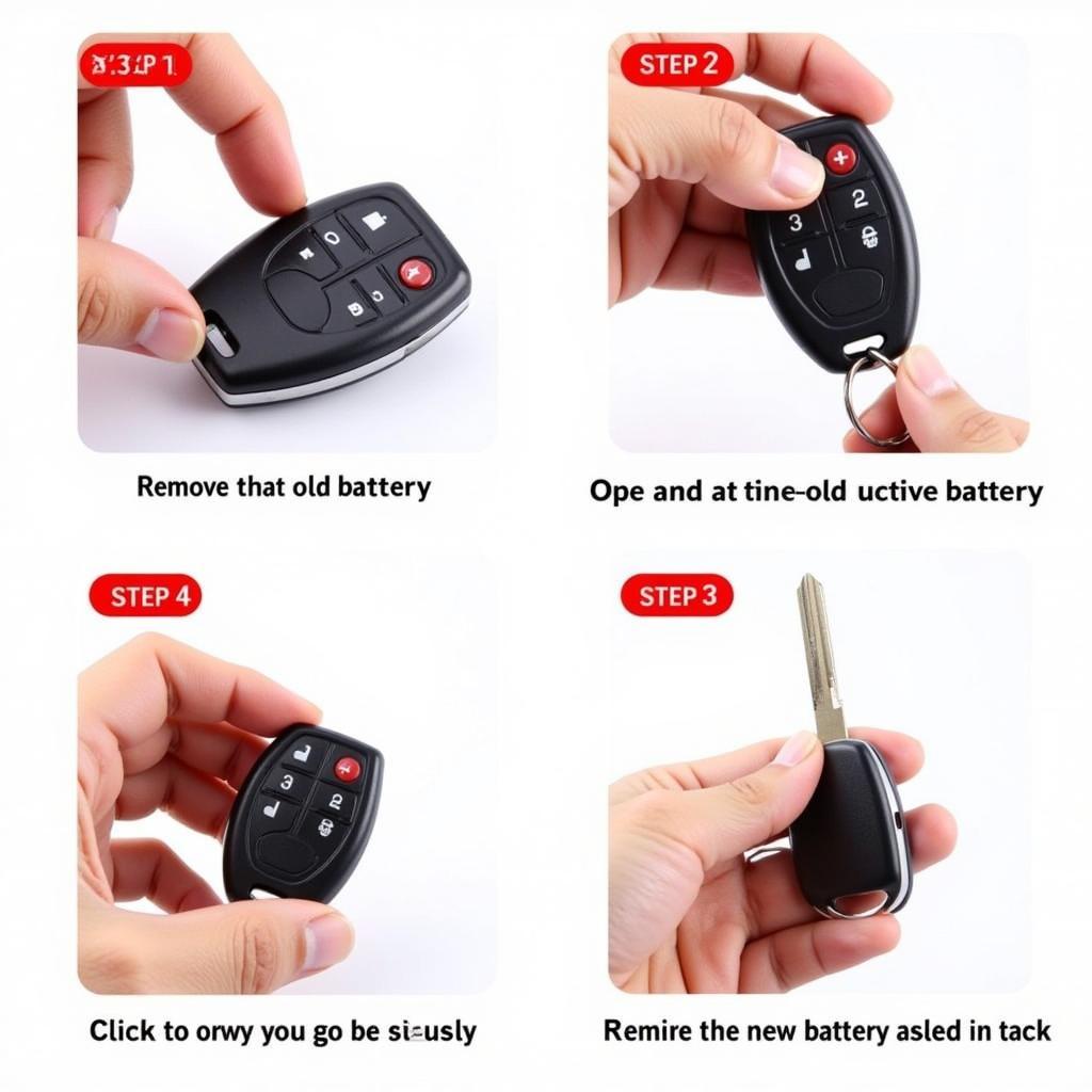 Step-by-step visual guide for replacing the battery in a 2021 Toyota Highlander key fob, showing the process of opening the fob, removing the old battery, and installing the new one.