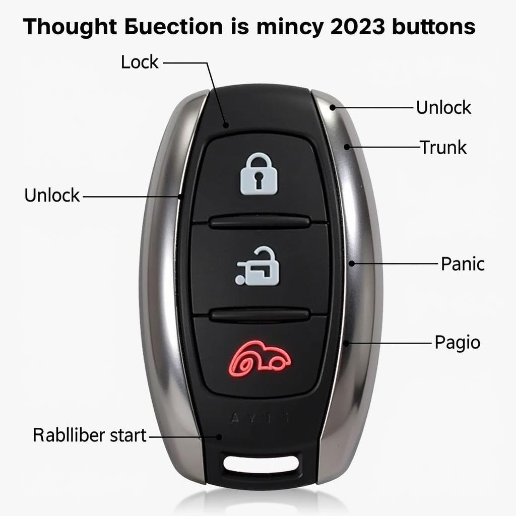 2023 Nissan Altima Key Fob Features: Close-up view of a 2023 Nissan Altima key fob highlighting its buttons for lock, unlock, trunk release, panic, and remote start.