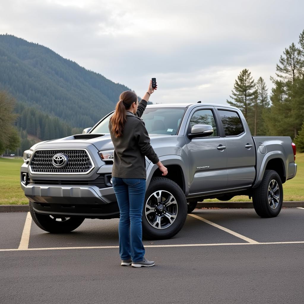 3rd Gen Tacoma Key Fob Range Test -  A person testing the range of their key fob, illustrating decreased range as a sign of a low battery.