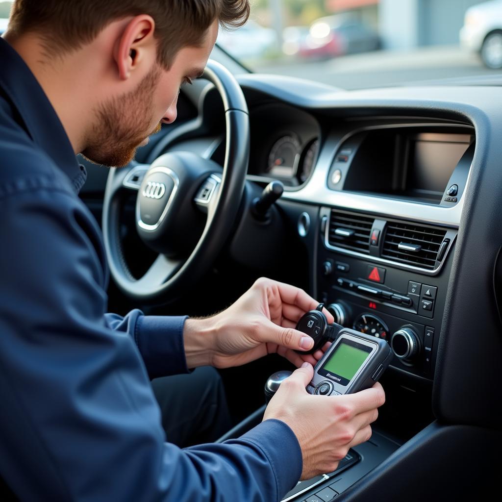 Automotive locksmith diagnosing a car key fob issue